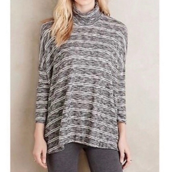 Anthropologie Postmark‎ Mock Neck Stripe Lightweight Sweater Grey White Small - Picture 1 of 9